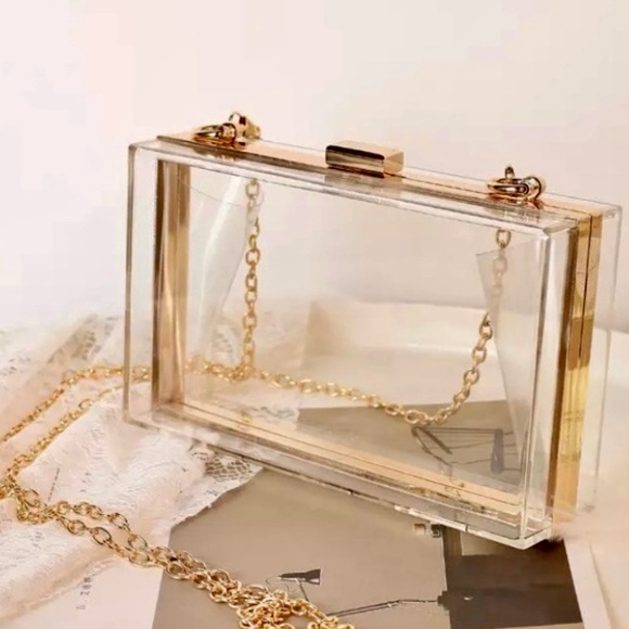 Private Label Handbags - ✨HARD ACRYLIC LUXURY CLEAR WITH GOLD TRIM CROSSBODY HANDBAG-NEW✨